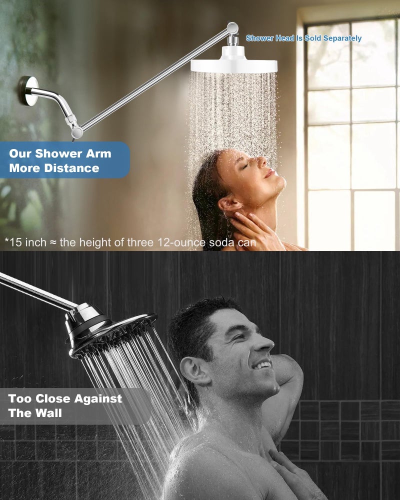 Singing Rain 15 Inch Extra Long Adjustable Shower Head Extension Arm With Locking Set Screw, Singing Rain Brass Chrome Angle Height Adjustable, Easy To Install, G1/2 Universal Connector Compatible (Chrome Finish) - Image 4