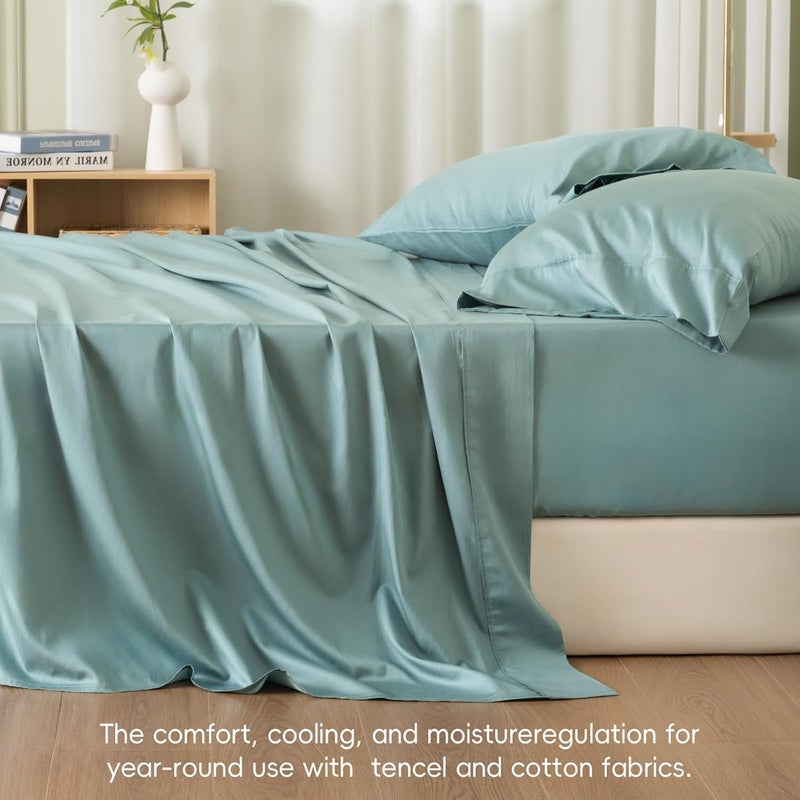 PHF طقم ملاءات كينغ من تينسل الناعم 4 قطع للنائمين في الحرارة، يتضمن 1 × 260 سم × 275 سم ملاءة مسطحة + 1 × 199 سم × 200 سم × 40 سم ملاءة مشدودة + 2 × 50 سم × 100 سم أغطية وسائد، طقم سرير فاخر لجميع الفصول، تيد ووتر - Image 3