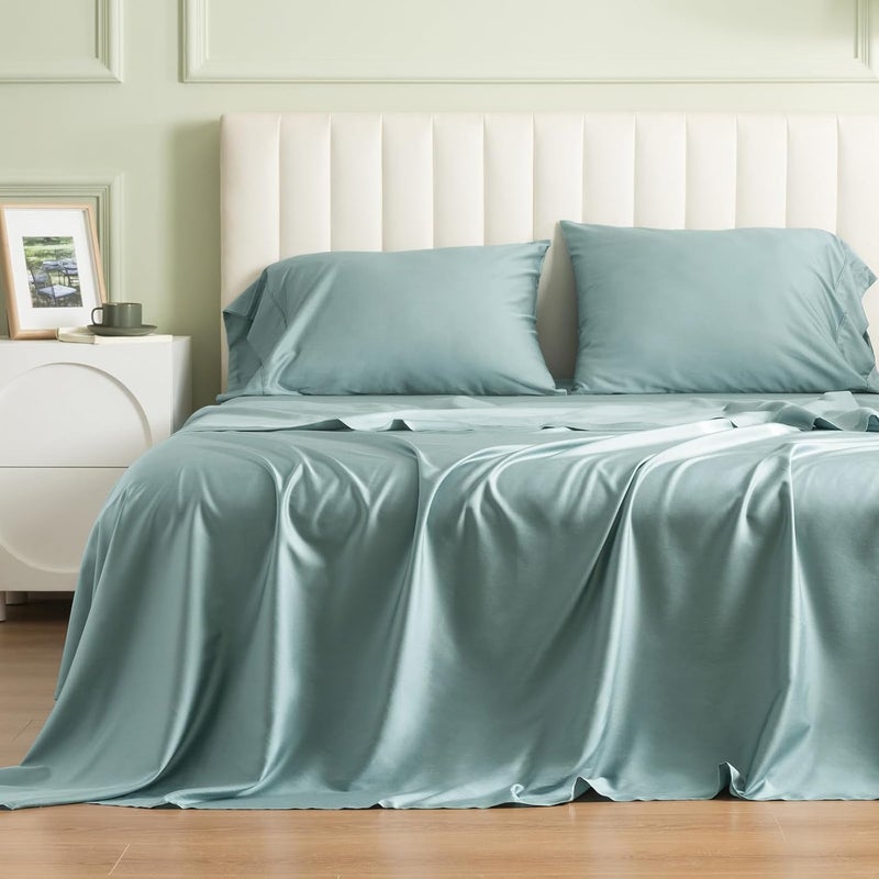 PHF طقم ملاءات كينغ من تينسل الناعم 4 قطع للنائمين في الحرارة، يتضمن 1 × 260 سم × 275 سم ملاءة مسطحة + 1 × 199 سم × 200 سم × 40 سم ملاءة مشدودة + 2 × 50 سم × 100 سم أغطية وسائد، طقم سرير فاخر لجميع الفصول، تيد ووتر - Image 1