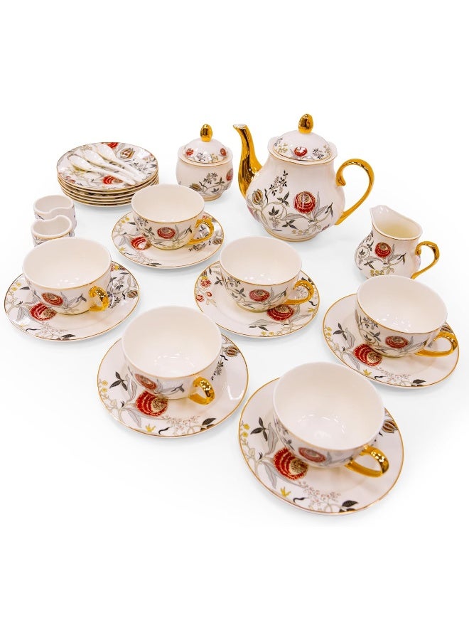 BS طقم شاي بورسلين B&S مكون من 31 قطعة | طقم أكواب وصحون شاي فرنسي مزخرف بالزهور | طقم حفلة شاي سيراميك مع إبريق شاي | حفلة عشاء برسم زهور | أكواب وصحون ديكور منزلي (برتقالي) - Image 1