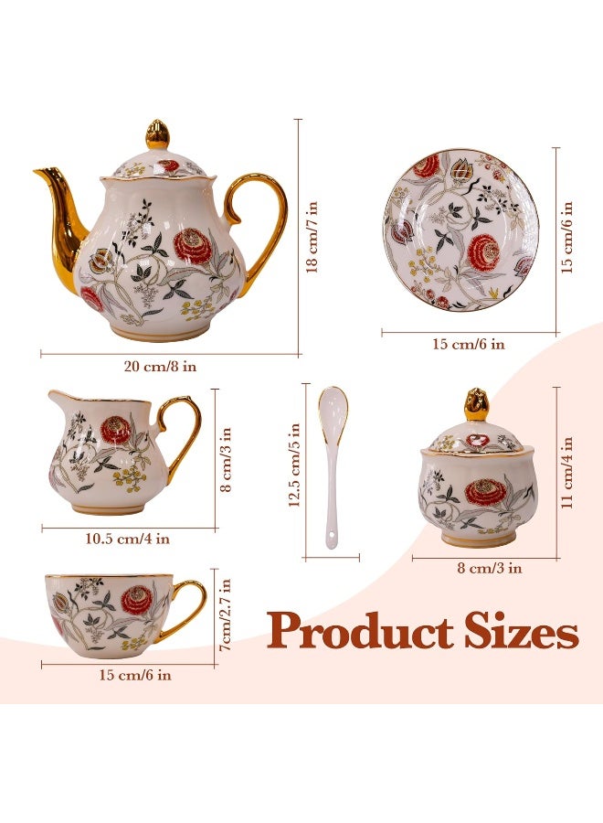 BS طقم شاي بورسلين B&S مكون من 31 قطعة | طقم أكواب وصحون شاي فرنسي مزخرف بالزهور | طقم حفلة شاي سيراميك مع إبريق شاي | حفلة عشاء برسم زهور | أكواب وصحون ديكور منزلي (برتقالي) - Image 3