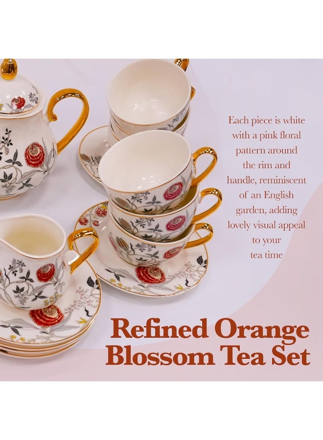 BS طقم شاي بورسلين B&S مكون من 31 قطعة | طقم أكواب وصحون شاي فرنسي مزخرف بالزهور | طقم حفلة شاي سيراميك مع إبريق شاي | حفلة عشاء برسم زهور | أكواب وصحون ديكور منزلي (برتقالي) - Image 5