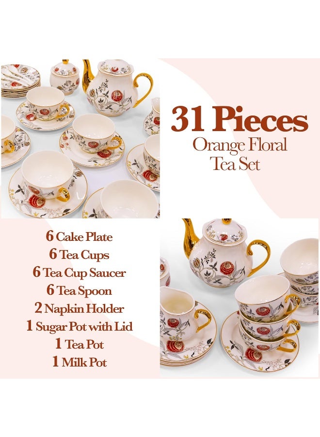 BS طقم شاي بورسلين B&S مكون من 31 قطعة | طقم أكواب وصحون شاي فرنسي مزخرف بالزهور | طقم حفلة شاي سيراميك مع إبريق شاي | حفلة عشاء برسم زهور | أكواب وصحون ديكور منزلي (برتقالي) - Image 4