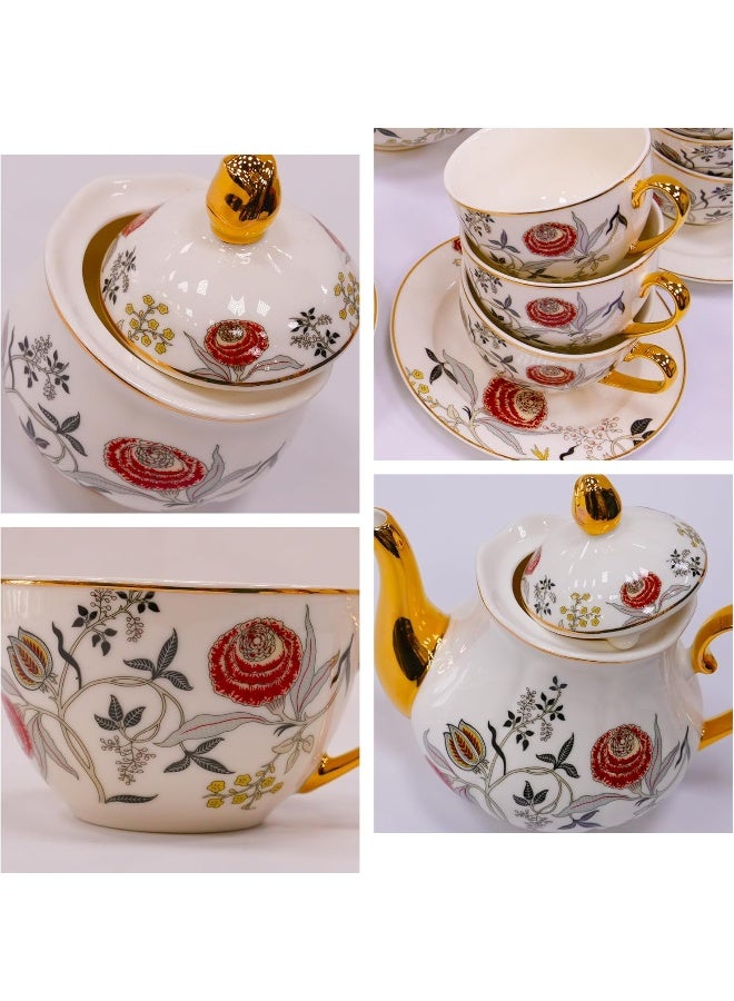 BS طقم شاي بورسلين B&S مكون من 31 قطعة | طقم أكواب وصحون شاي فرنسي مزخرف بالزهور | طقم حفلة شاي سيراميك مع إبريق شاي | حفلة عشاء برسم زهور | أكواب وصحون ديكور منزلي (برتقالي) - Image 2