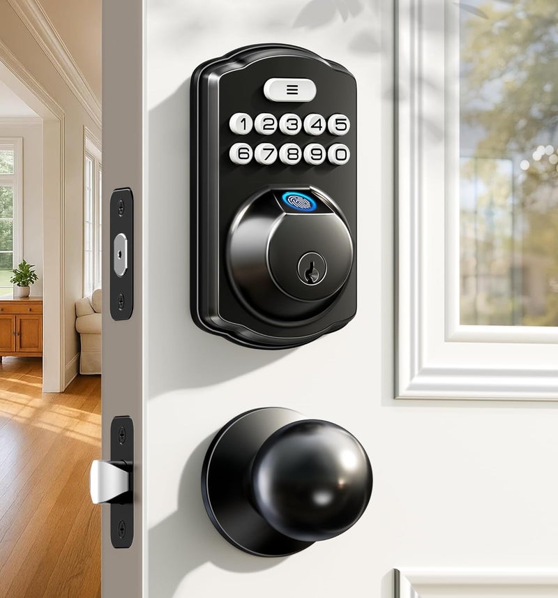 Veise Fingerprint Door Lock with 2 Knobs - Keyless Entry Door Lock with Handle, Electronic Keypad Deadbolt, Smart Front Handle Set, Auto-Locking, Waterproof, Easy Installation, Matte Black - Image 1