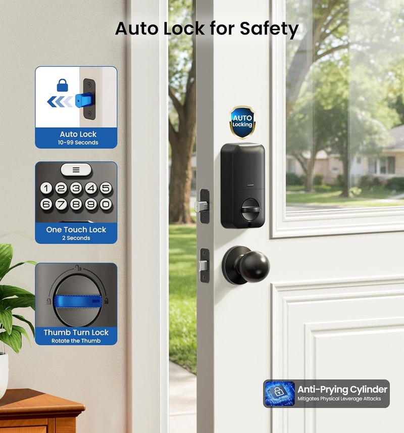 Veise Fingerprint Door Lock with 2 Knobs - Keyless Entry Door Lock with Handle, Electronic Keypad Deadbolt, Smart Front Handle Set, Auto-Locking, Waterproof, Easy Installation, Matte Black - Image 4