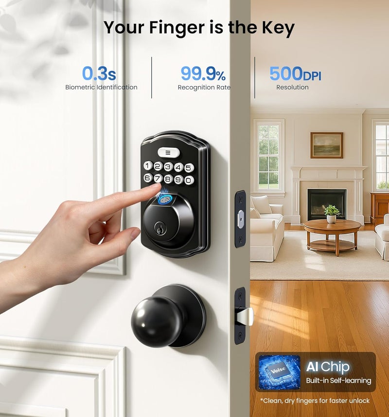 Veise Fingerprint Door Lock with 2 Knobs - Keyless Entry Door Lock with Handle, Electronic Keypad Deadbolt, Smart Front Handle Set, Auto-Locking, Waterproof, Easy Installation, Matte Black - Image 2