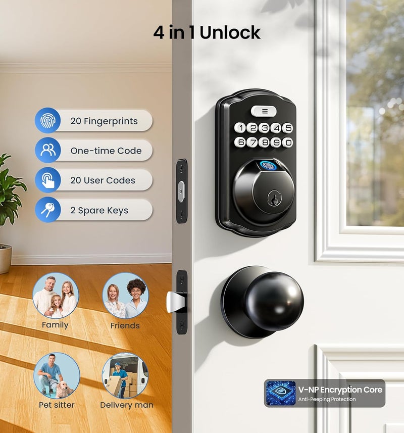 Veise Fingerprint Door Lock with 2 Knobs - Keyless Entry Door Lock with Handle, Electronic Keypad Deadbolt, Smart Front Handle Set, Auto-Locking, Waterproof, Easy Installation, Matte Black - Image 3