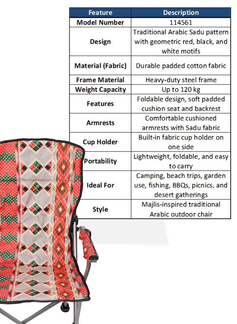DBLEW كرسي تخييم قابل للطي مع وسادة، نمط سدو، حامل أكواب، كرسي خارجي على طراز المجلس العربي للتخييم، الشاطئ، الحديقة، الصيد، الشواء، السفر والنزهات 50—50—93 سم - Image 2