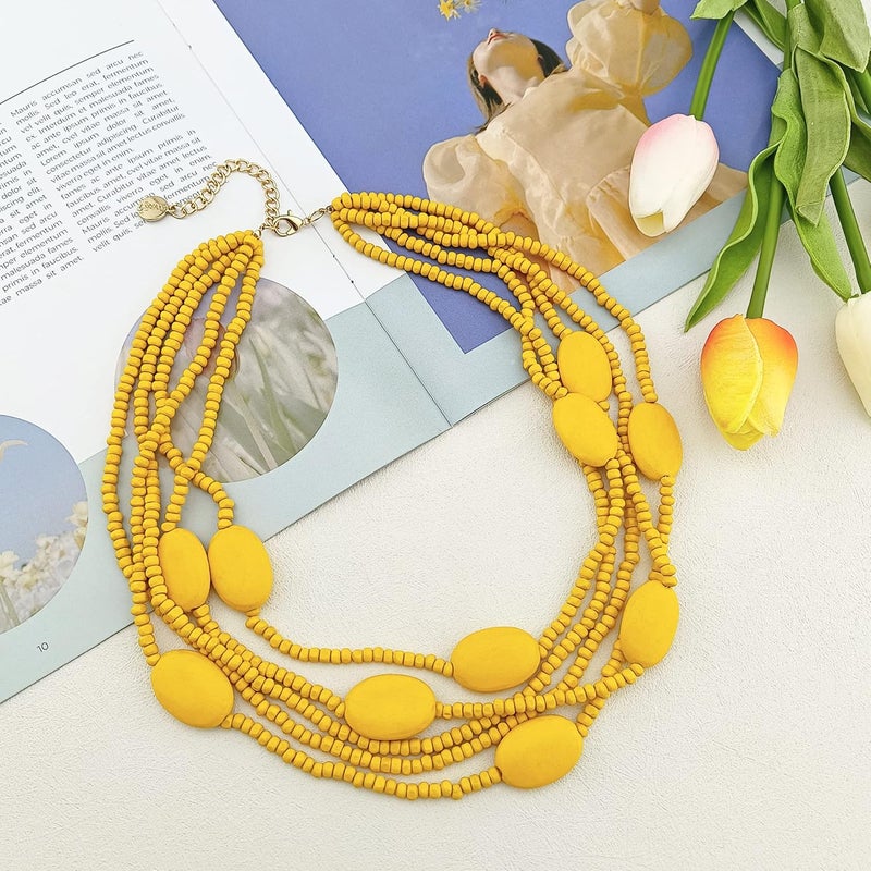 Coiris Multi Color 5 Layers Wood Beads Strand Statement Necklace for Women Chunky Collar (N0019) - Image 3