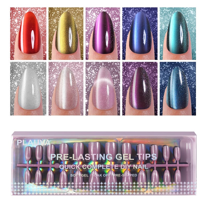 Plauva 240Pcs Cat Eye Press on Nails Medium Almond, Plauva Soft Gel Fake Nails, Glossy Glitter Cat Eye Nail Tips for Women and Girls Stick On Nails in 12 Sizes - Image 1