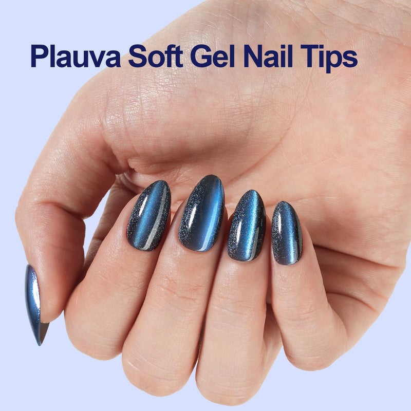 Plauva 240Pcs Cat Eye Press on Nails Medium Almond, Plauva Soft Gel Fake Nails, Glossy Glitter Cat Eye Nail Tips for Women and Girls Stick On Nails in 12 Sizes - Image 2