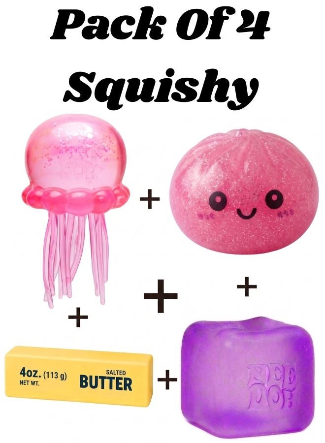 NeeDoh Sensory Squish Toy Bundle (Pack of 4) – Nice Cube, Jelly Squish Jellyfish, Butter Stick & Dumpling Squishy, Stress Relief Fidget Toys for Kids and Adults, Soft Squeeze Anxiety Relief & Focus Toys Ages 3+ - Image 1