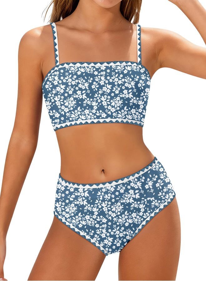 ADIFUN Girls Swimsuit Adjustable Shoulder Straps with Chest Pad Bikini with Cover Up Skirt 3 Piece Bathing Suit for Teen Girl, Gray Blue-flower, 13-14 Years - Image 1
