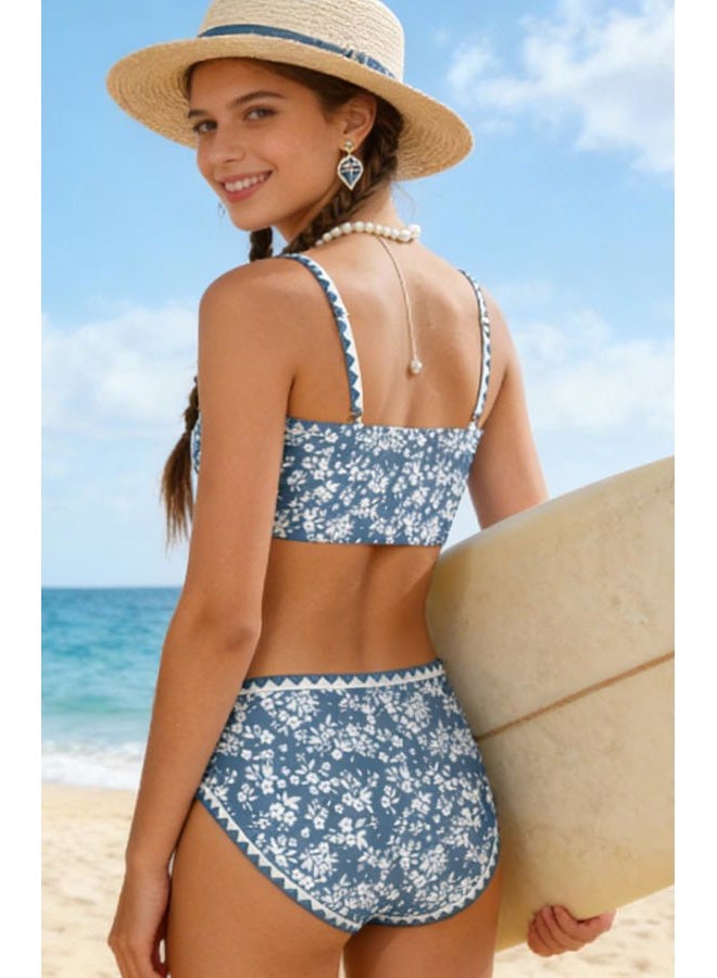 ADIFUN Girls Swimsuit Adjustable Shoulder Straps with Chest Pad Bikini with Cover Up Skirt 3 Piece Bathing Suit for Teen Girl, Gray Blue-flower, 13-14 Years - Image 5