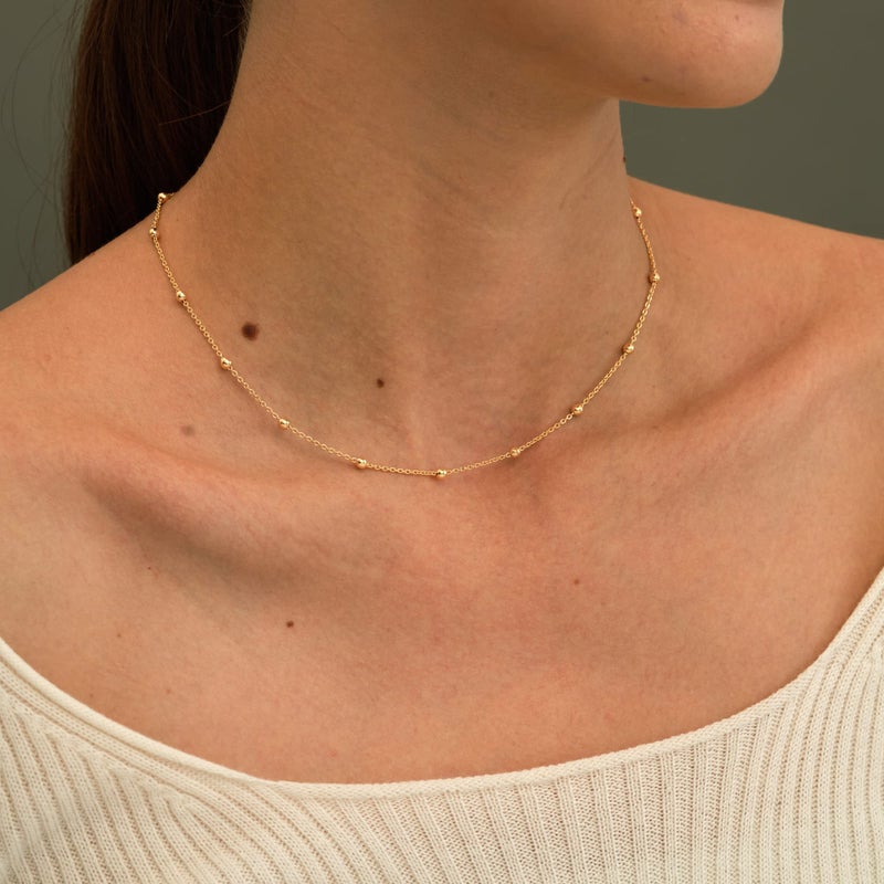 CHESKY 14k Gold Plated Dainty Choker Necklace for Women, Trendy Satellite Beaded Necklaces Minimalist Simple Thin Bead Chokers Short Cute Necklaces Jewelry - Image 3