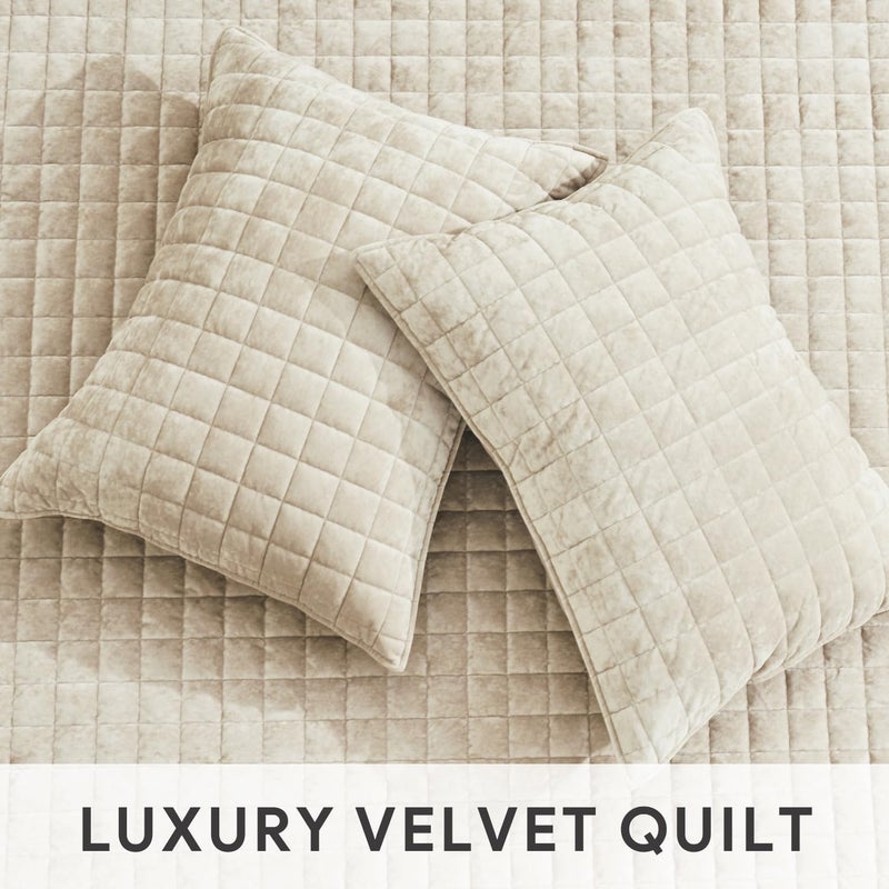 RECYCO Luxury Velvet Quilt Twin/Twin XL Size Bedding Set, Ultra Soft Velvet Comforter Set, Lightweight Quilted Channel Box Stitch Oversized Bedspread Coverlet for All Season, with 1 Sham, Beige - Image 4