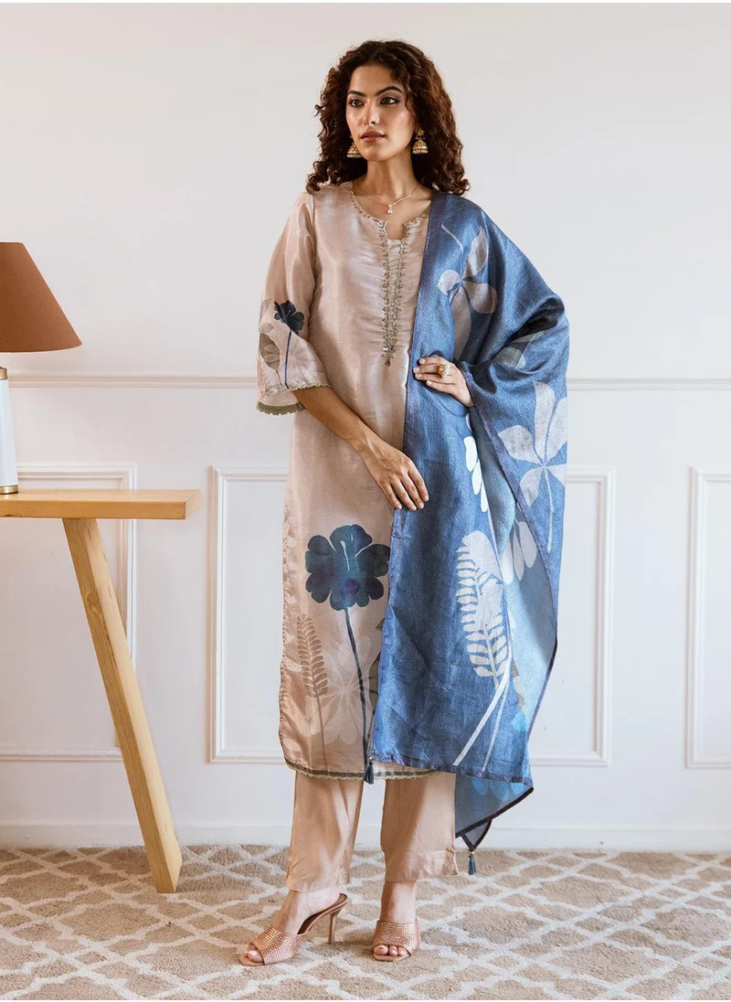 آي شين Women's Cream Tissue Printed Tunic Full Length Casual Straight Fit Kurta Set