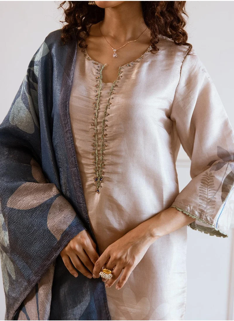 آي شين Women's Cream Tissue Printed Tunic Full Length Casual Straight Fit Kurta Set