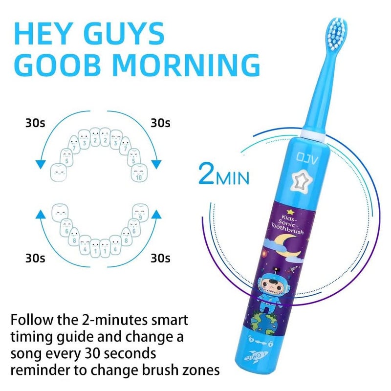 OJV 8620 Musical Electric Toothbrushes for Kids Children, 3 Modes 2 Min Timer, 6 Bristles Rechargeable Power Smart Sonic Music Play Song Toothbrush for Girls Age 3-14 with Wall Mounted Holder (Blue) - Image 2