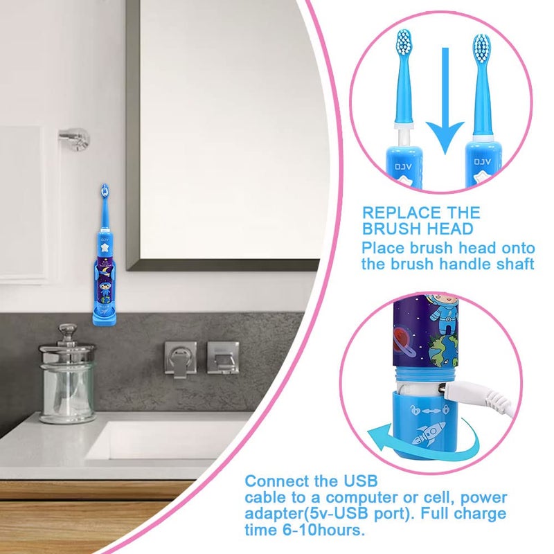 OJV 8620 Musical Electric Toothbrushes for Kids Children, 3 Modes 2 Min Timer, 6 Bristles Rechargeable Power Smart Sonic Music Play Song Toothbrush for Girls Age 3-14 with Wall Mounted Holder (Blue) - Image 5