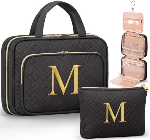 Qinline Personalized Gifts for Women Initial Toiletry Bag Hanging Travel Organizer Makeup Cosmetic Bag with Embroidery Letter Teacher Appreciation Gift Birthday Mothers Day Gifts for Mom Wife Friend Sister - Image 1