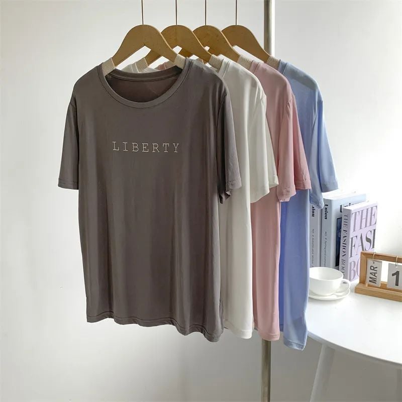 Modal Letter Printed Short-Sleeved T-Shirt Women'S Summer Thin Draped Soft Waxy Mask Top Base Practice Clothes - Image 2
