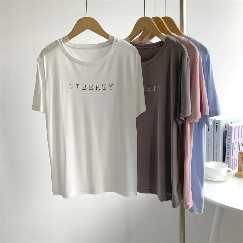 Modal Letter Printed Short-Sleeved T-Shirt Women'S Summer Thin Draped Soft Waxy Mask Top Base Practice Clothes - Image 3