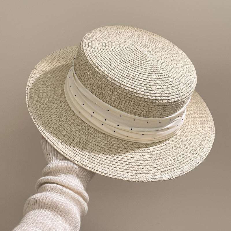 Beige French Elegant Polka Dot Straw Hat for Women - Image 3
