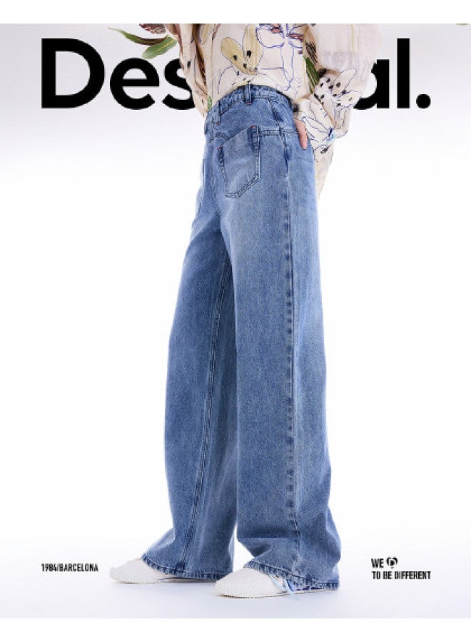DESIGUAL جينز نسائي مستقيم الساق مغسول ومفكك جديد لخريف/شتاء 25 - Image 1