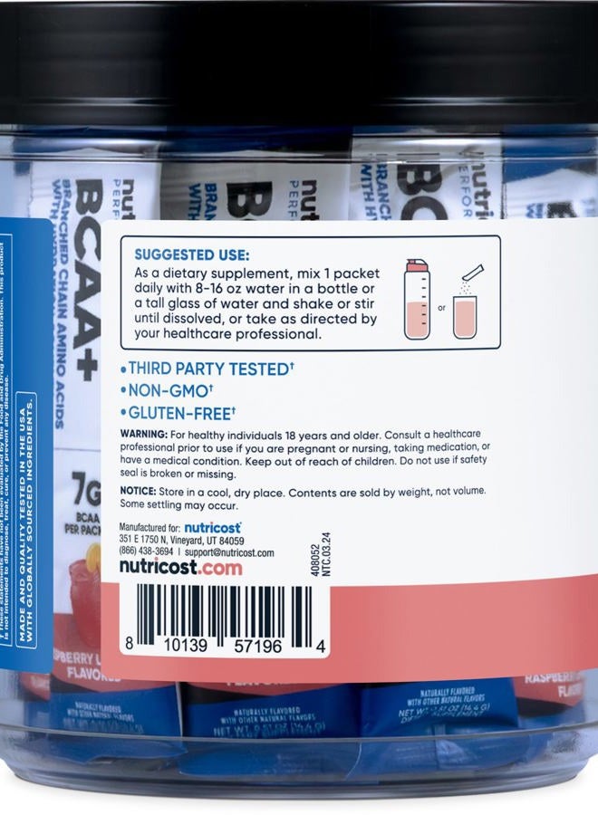 Nutricost BCAA+ Hydration Raspberry Lemonade (20 Stickpacks) - Branched Chain Amino Acids with Hydration Complex - Gluten-Free, Non-GMO - Image 4