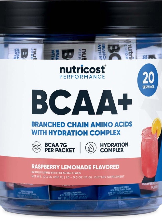 Nutricost BCAA+ Hydration Raspberry Lemonade (20 Stickpacks) - Branched Chain Amino Acids with Hydration Complex - Gluten-Free, Non-GMO - Image 1