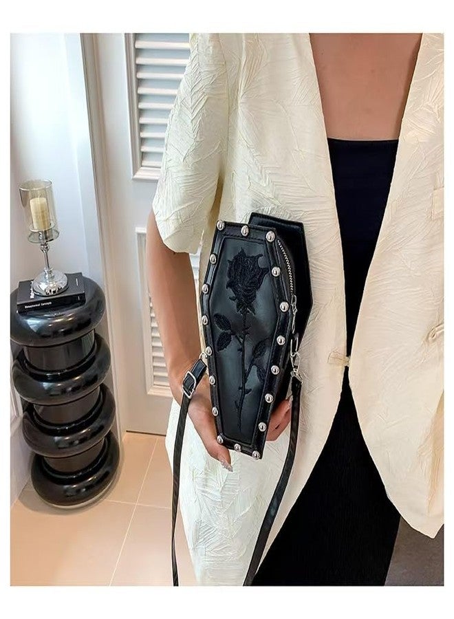 حقيبة كتف نسائية من TYHOTULY بتصميم تابوت مميز، حقيبة كروسبودي مطرزة بزخارف قوطية عتيقة وورود، حقيبة صغيرة بتصميم إيمو بديل (أسود) - Image 2
