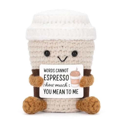 A AIFAMY Funny Positive Coffee Emotional Crochet Doll Cute Crochet Potato Partner Toy with Positive Card Cheer Up Funny Gag Gifts for Best Friend Birthday Women Teacher FallCoffee - Image 1