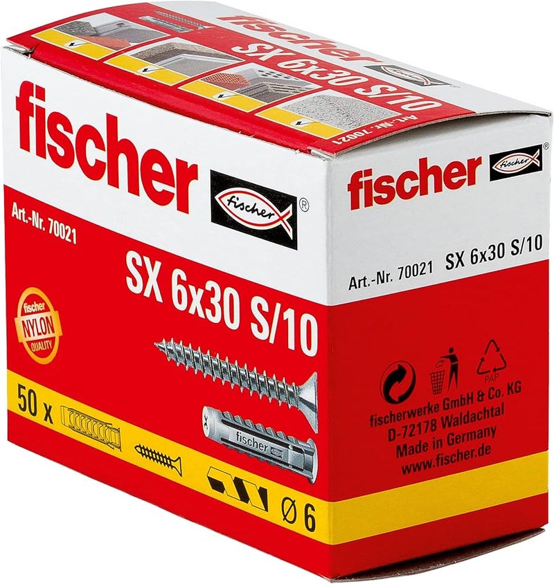 Fischer SX S/10 Plug and Screw, 6 mm x 30 mm Size - Image 1