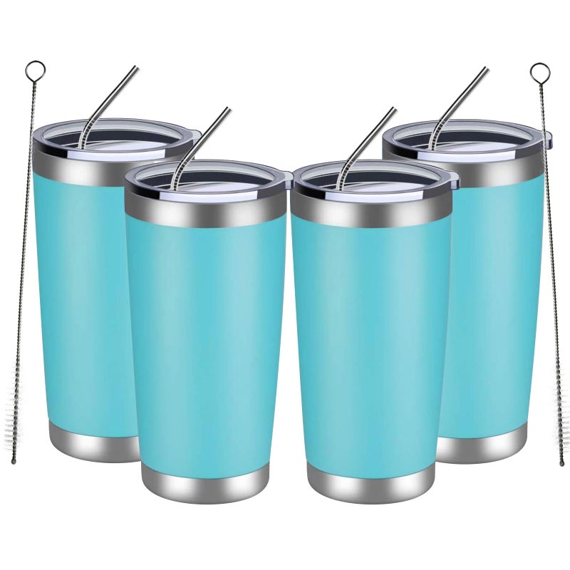 MEWAY 20oz Tumbler 4 Pack Double Wall Vacuum Insulated Travel Mug Bulk Stainless Steel Tumblers with Lid and Straw Durable Powder Coated Coffee Cups for Cold Hot Drinks Light Blue 4