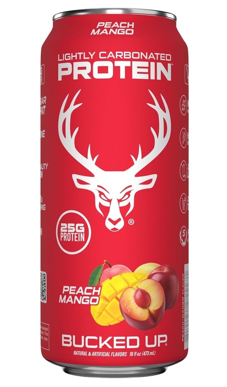 Bucked Up Lightly Carbonated Protein Soda | 25g Whey Isolate - Zero Sugar, Low Calorie, Caffeine Free, Clean Drink | Sparkling Protein Soda - 16 oz Can (Peach Mango) - Image 1