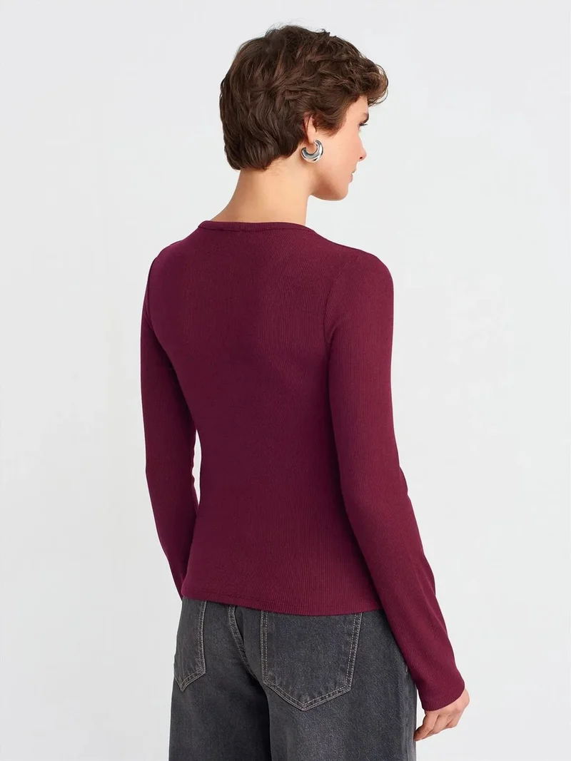 Dilvin DILVIN Slim Fit Ribbed Button-Front Blouse