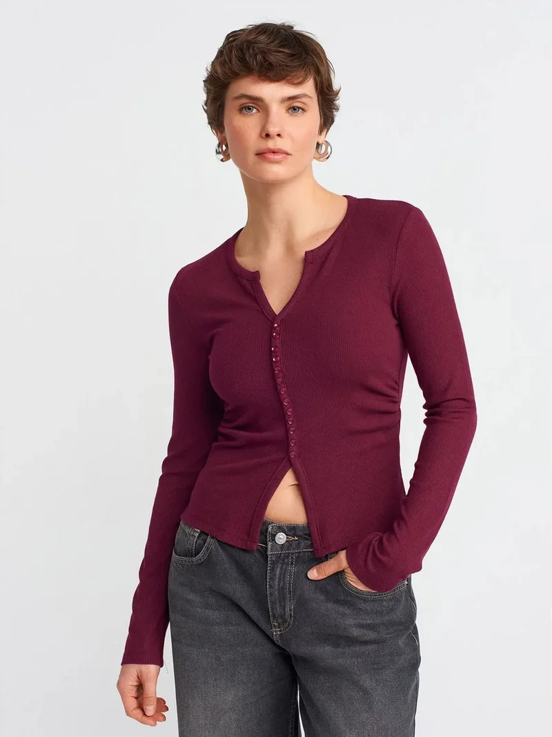 Dilvin DILVIN Slim Fit Ribbed Button-Front Blouse