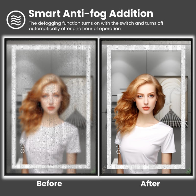 Amorho LED Bathroom Mirror, 24"X30" Front Light and Backlit with Black Frame, Stepless Dimmable, Anti-Fog, Shatter-Proof, Memory, 3 Colors, Double LED Vanity Mirror - Image 5