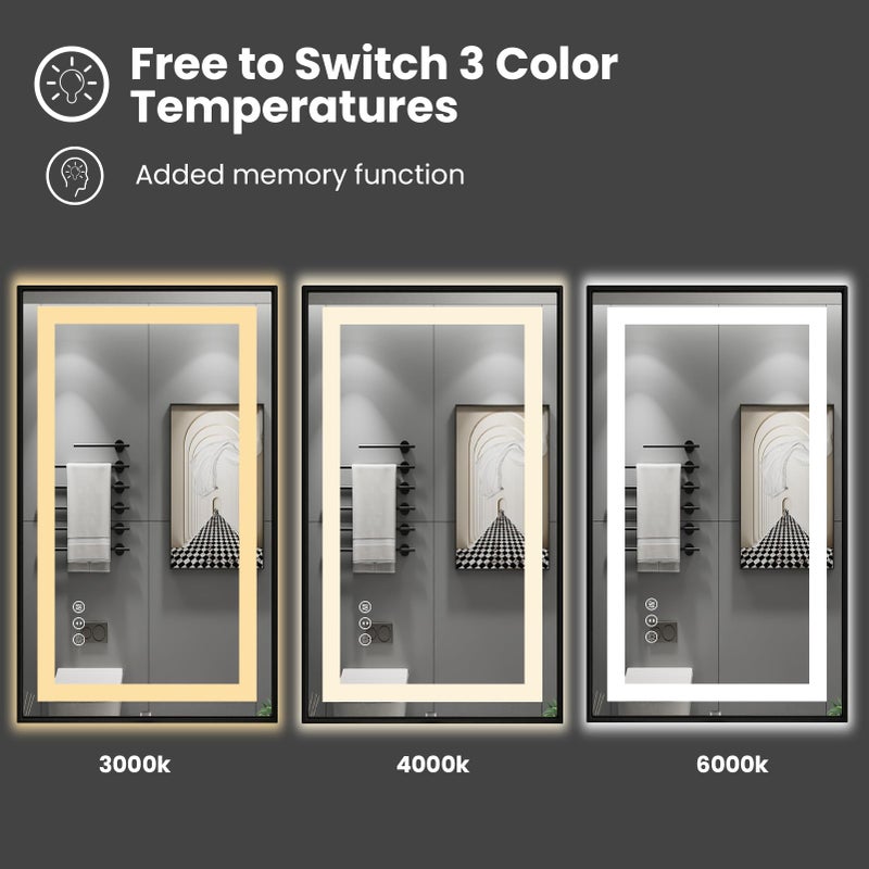 Amorho LED Bathroom Mirror, 24"X30" Front Light and Backlit with Black Frame, Stepless Dimmable, Anti-Fog, Shatter-Proof, Memory, 3 Colors, Double LED Vanity Mirror - Image 4