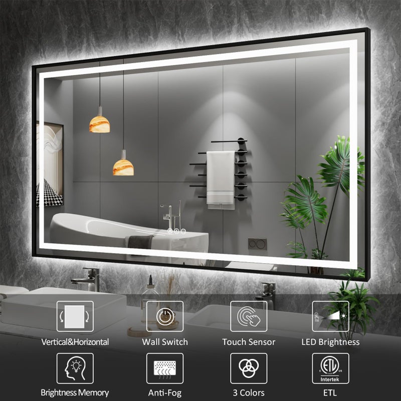 Amorho LED Bathroom Mirror, 24"X30" Front Light and Backlit with Black Frame, Stepless Dimmable, Anti-Fog, Shatter-Proof, Memory, 3 Colors, Double LED Vanity Mirror - Image 2