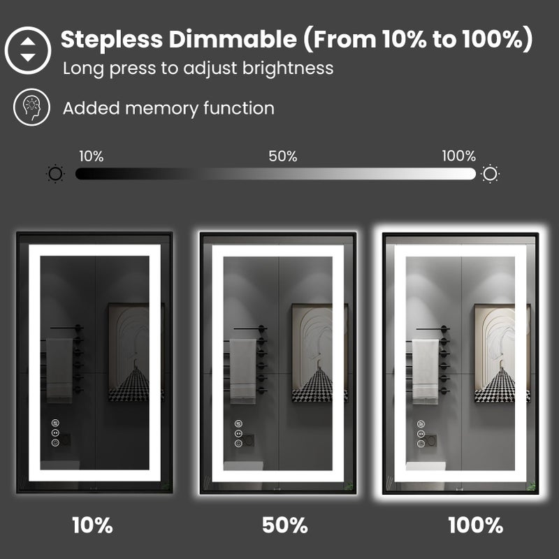 Amorho LED Bathroom Mirror, 24"X30" Front Light and Backlit with Black Frame, Stepless Dimmable, Anti-Fog, Shatter-Proof, Memory, 3 Colors, Double LED Vanity Mirror - Image 3