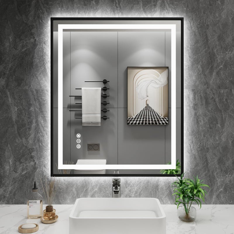 Amorho LED Bathroom Mirror, 24"X30" Front Light and Backlit with Black Frame, Stepless Dimmable, Anti-Fog, Shatter-Proof, Memory, 3 Colors, Double LED Vanity Mirror - Image 1