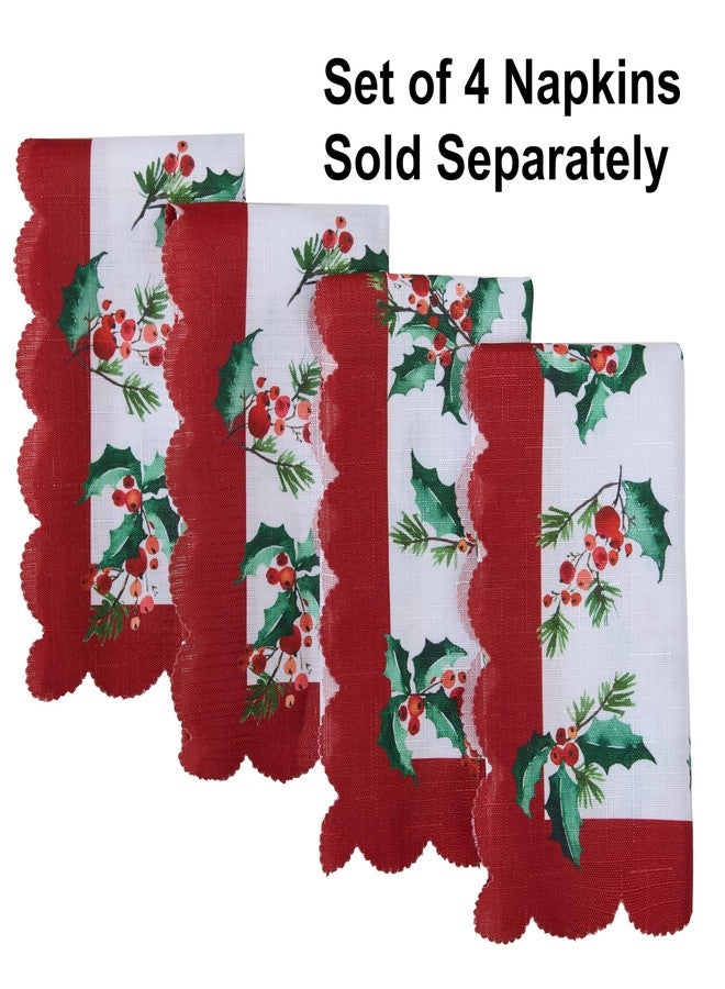 Newbridge Christmas Nature’s Poinsettia Scalloped Fabric Holiday Napkins, Holly, Berries and Evergreen Border with Red Trim, Set of 4 Reusable Cloth Napkins - Image 2