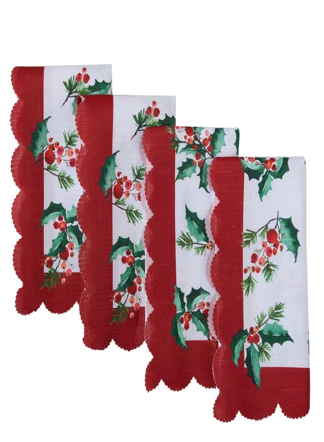 Newbridge Christmas Nature’s Poinsettia Scalloped Fabric Holiday Napkins, Holly, Berries and Evergreen Border with Red Trim, Set of 4 Reusable Cloth Napkins - Image 1