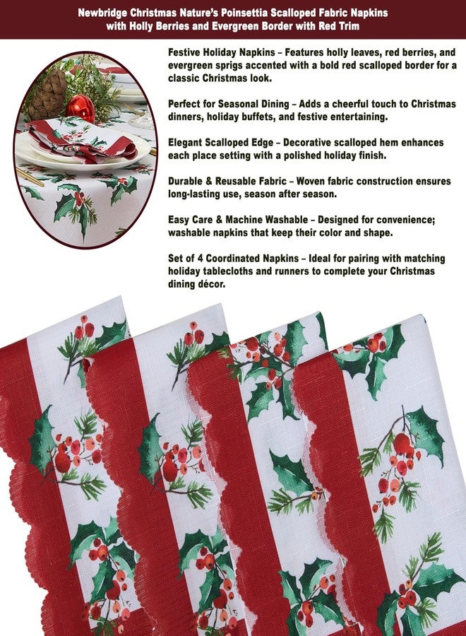 Newbridge Christmas Nature’s Poinsettia Scalloped Fabric Holiday Napkins, Holly, Berries and Evergreen Border with Red Trim, Set of 4 Reusable Cloth Napkins - Image 3