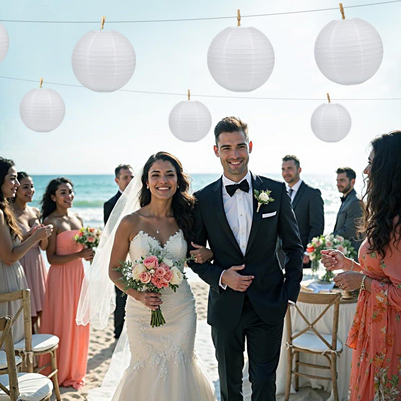 LIHAO 12 Inch White Round Paper Lanterns (10 Pack) - Image 3