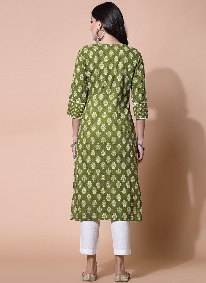 LARGISH Ethnic Motifs Printed Calf Length Kurta in Green - Image 4