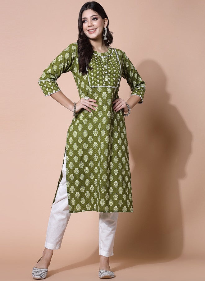 LARGISH Ethnic Motifs Printed Calf Length Kurta in Green - Image 1